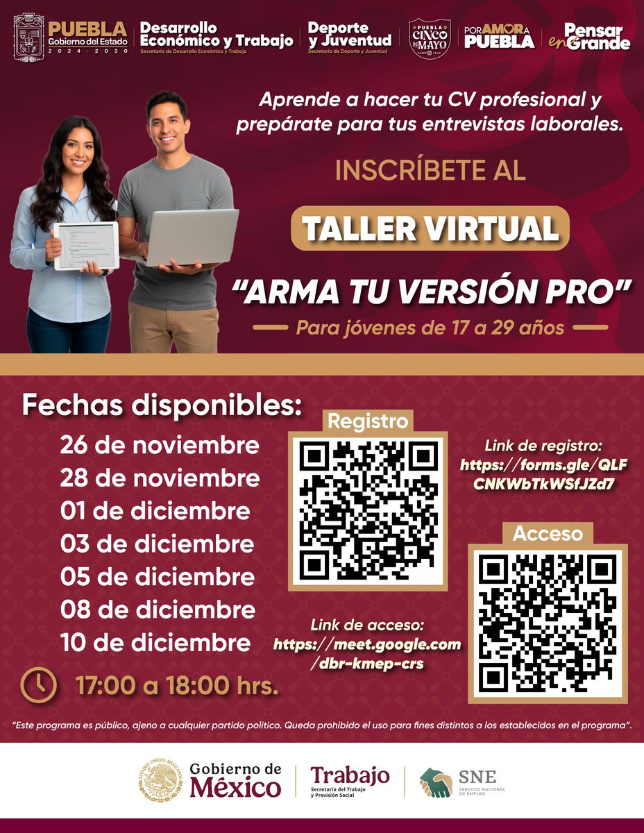 ✨ ¿Tienes entre 17 y 29 años? ¡Arma tu CV como un PRO!
Inscríbete al taller virtual gratuito y prepárate para tus próximas entrevistas.
📅 Fechas disponibles del 26 de nov al 10 de dic
🕒 17:00 a 18:00 hrs
🔗 Registro: forms.gle/QLFCNKWbTkWSfJ…
💻 Acceso: meet.google.com/dbr-kmep-crs