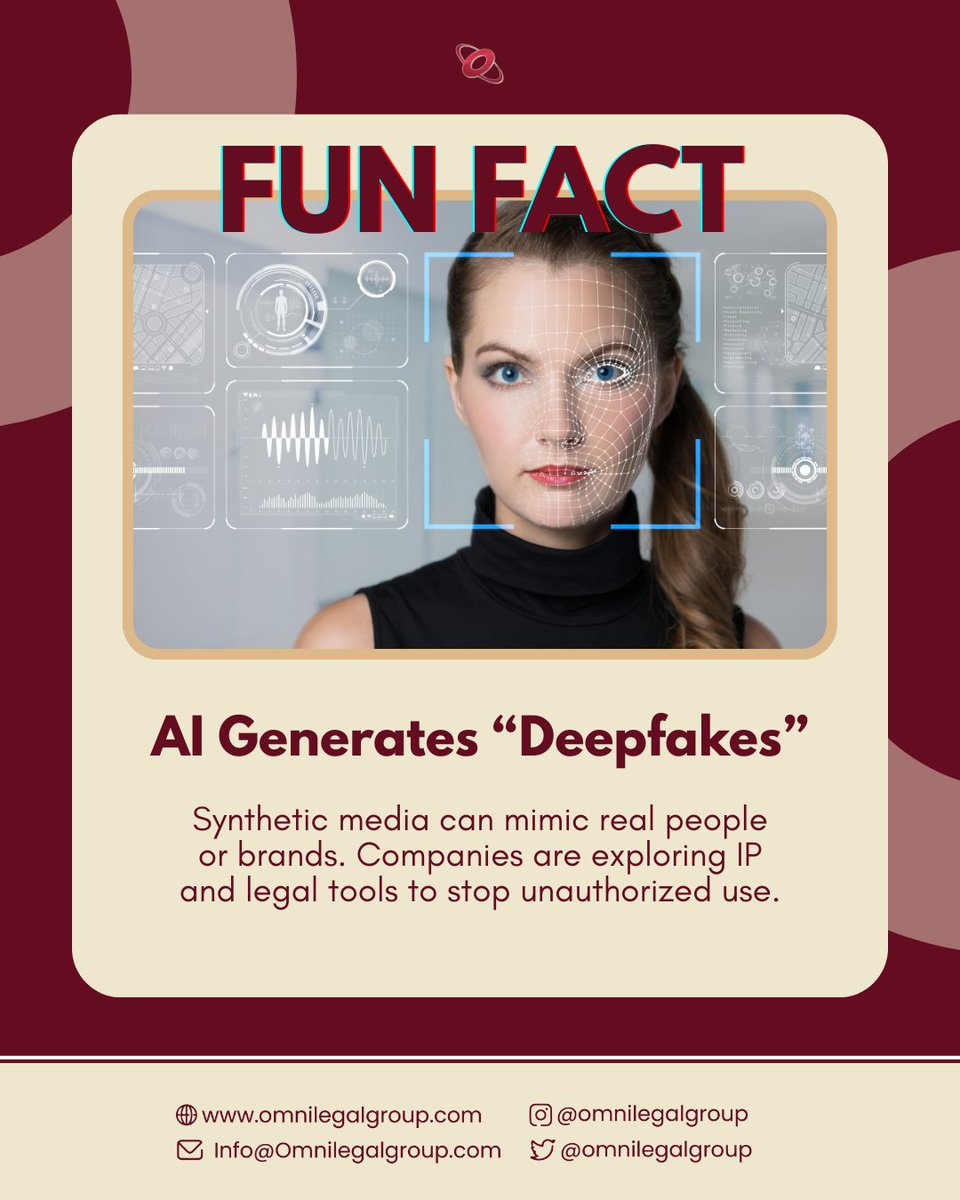 omnilegalgroup's tweet image. Deepfakes are real, but so is IP protection! 🕵️‍♂️🤖 Companies are using legal tools to protect brands and stop unauthorized AI creations.

#IntellectualProperty #AI #Deepfakes #BrandProtection #TechLaw #FunFactsWithOmniLG