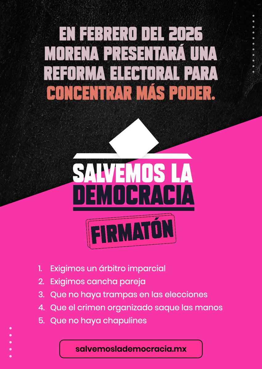 SocCivilMx's tweet photo. #SalvemosLaDemocracia #NoMasPoderAlPoder #NoTeRindas

En febrero de 2026 quieren cambiar la ley para concentrar aún MÁS poder. Si nos quedamos cruzados de brazos, después será tarde.

Firmar hoy es exigir: árbitro imparcial, cancha pareja, cero trampas, fuera crimen organizado y nada de chapulines.

Súmate, firma e invita a 5 personas más 👉 https://t.co/qDDGJfpf2n