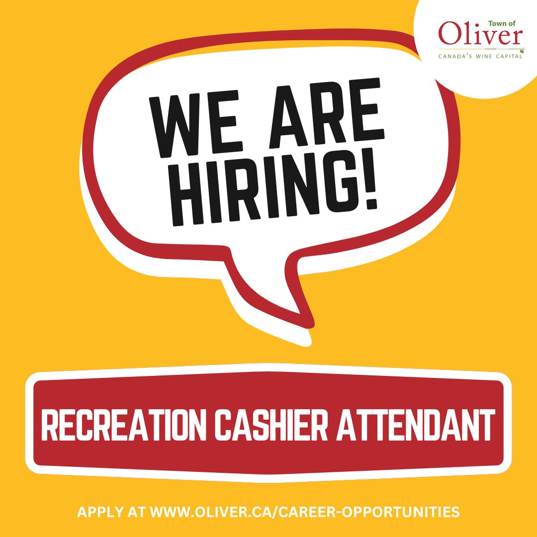 We’re Hiring! Join our team as a Recreation Cashier Attendant

This casual position offers shifts at our community facilities, including the Administrative Office, Community Fitness Centre, Oliver Pool, and Oliver &amp; District Arena Skate Shop.

Visit: oliver.ca/career-opportu…