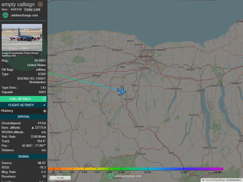 IntelskyB's tweet image. 🇺🇸 ✈️ United States Air Force - BOEING KC-135R/T Stratotanker (AE035D, 58-0063) callsign was spotted over 🇺🇸 Livingston County - United States.
🔴 Live tracking:
1-global.adsbexchange.com/?icao=AE035D
2-flightradar24.com/AE035D
3-airnavradar.com/mode-s/AE035D
#OSINT #SIGINT #ADSB