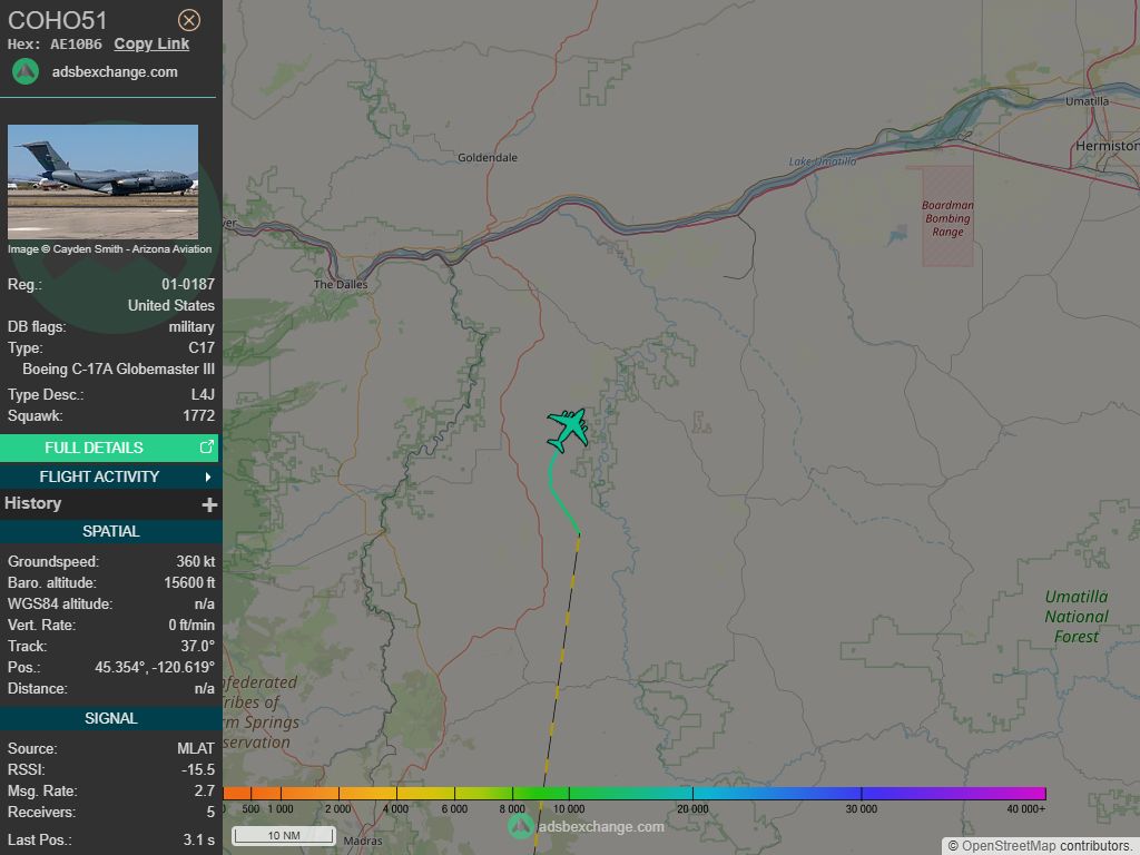 IntelskyB's tweet image. 🇺🇸 ✈️ United States Air Force - Boeing C-17A Globemaster III (AE10B6, 01-0187) COHO51 was spotted over 🇺🇸 Sherman County - United States.
🔴 Live tracking:
1-global.adsbexchange.com/?icao=AE10B6
2-flightradar24.com/AE10B6
3-airnavradar.com/mode-s/AE10B6
#OSINT #SIGINT #ADSB