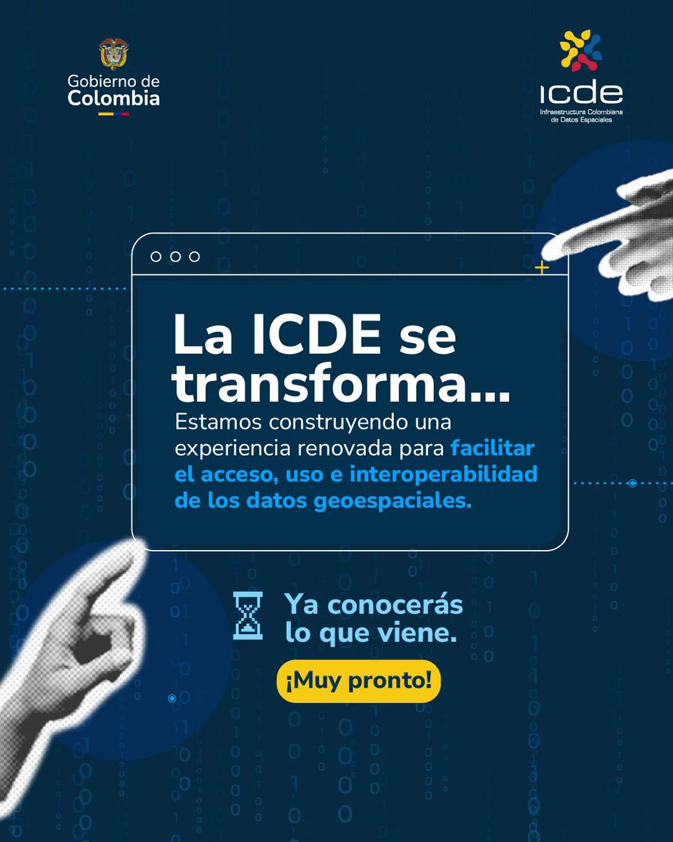 La ICDE está evolucionando. 🔎
Muy pronto tendrás una nueva forma de interactuar con los datos geoespaciales del país: más ágil, más moderna y más conectada.

¡Espéralo! 👀

#ICDEColombia #TransformaciónDigital