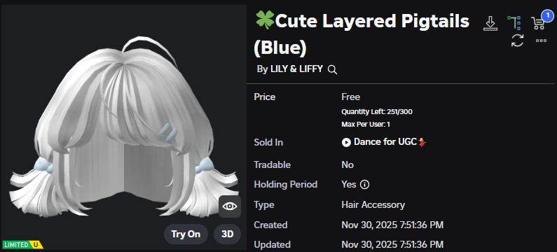 Xh0PlUgc's tweet image. 🔴New limited item &amp;lt;&amp;lt; Dance for UGC &amp;gt;&amp;gt;

📦Stock: 251
❗How to get it: You must have Roblox Premium and you need to win it in the roulette.

➡️roblox.com/catalog/112759…
➡️roblox.com/games/15792006…

#Roblox #RobloxDev #RobloxFreeUGC #RobloxUGCLimited