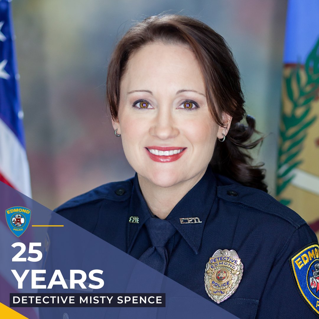 EdmondPD's tweet photo. Help us celebrate Detective Spence on an incredible milestone of 25 years of dedicated service to the City of Edmond! Her experience, leadership, and compassion have shaped countless investigations in our community. 
Please join us in congratulating her on this well-deserved achievement!