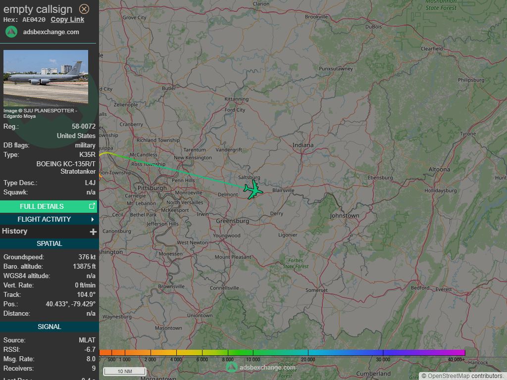 IntelskyB's tweet image. 🇺🇸 ✈️ United States Air Force - BOEING KC-135R/T Stratotanker (AE0420, 58-0072) callsign was spotted over 🇺🇸 Westmoreland County - United States.
🔴 Live tracking:
1-global.adsbexchange.com/?icao=AE0420
2-flightradar24.com/AE0420
3-airnavradar.com/mode-s/AE0420
#OSINT #SIGINT #ADSB