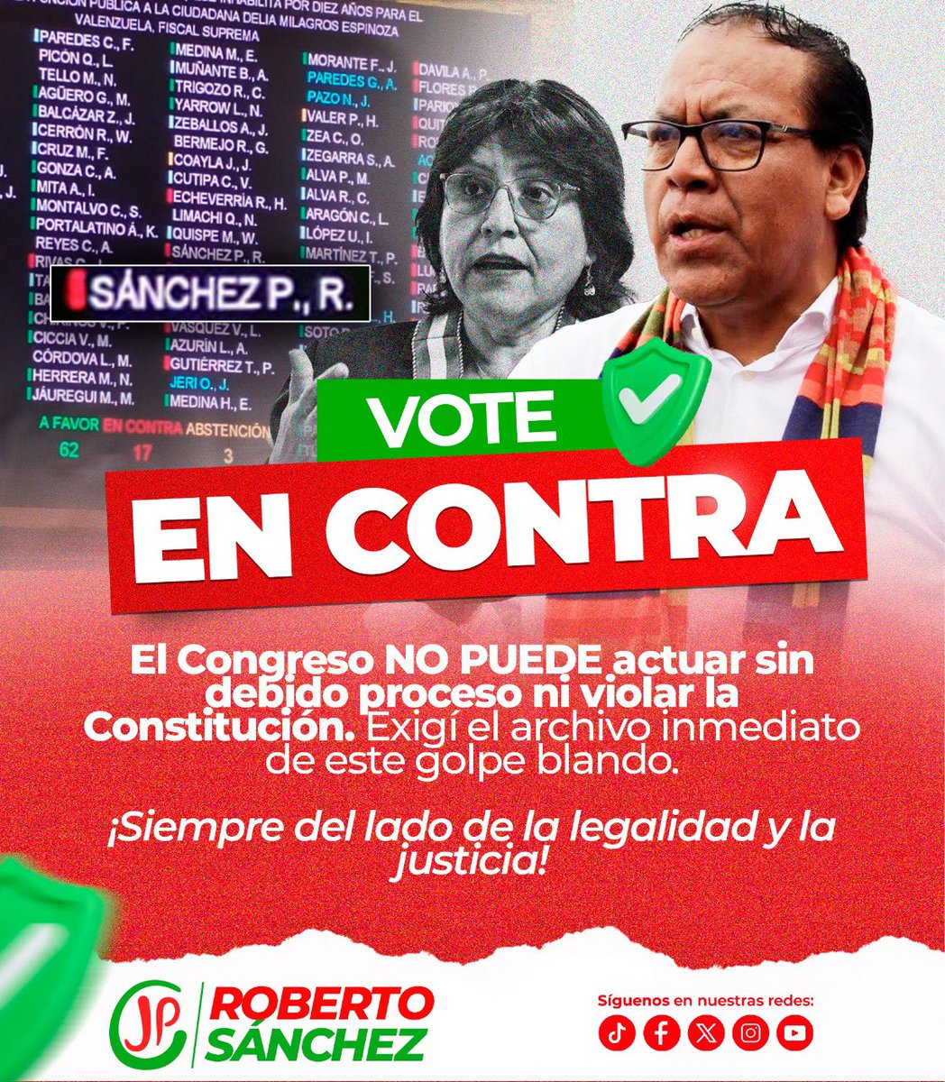 Hoy defendí la democracia y el respeto a la Constitución.
Voté en contra de un intento irregular que busca inhabilitar a la fiscal suprema Delia Espinoza, una decisión sin debido proceso y contraria al Estado de derecho.

Por eso voté en contra y exigí que se archive este