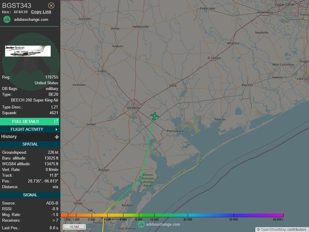 IntelskyB's tweet image. 🇺🇸 ✈️ United States Air Force - BEECH 200 Super King Air (AF8439, 170755) BGST343 was spotted over 🇺🇸 Victoria County - United States.
🔴 Live tracking:
1-global.adsbexchange.com/?icao=AF8439
2-flightradar24.com/AF8439
3-airnavradar.com/mode-s/AF8439
#OSINT #SIGINT #ADSB