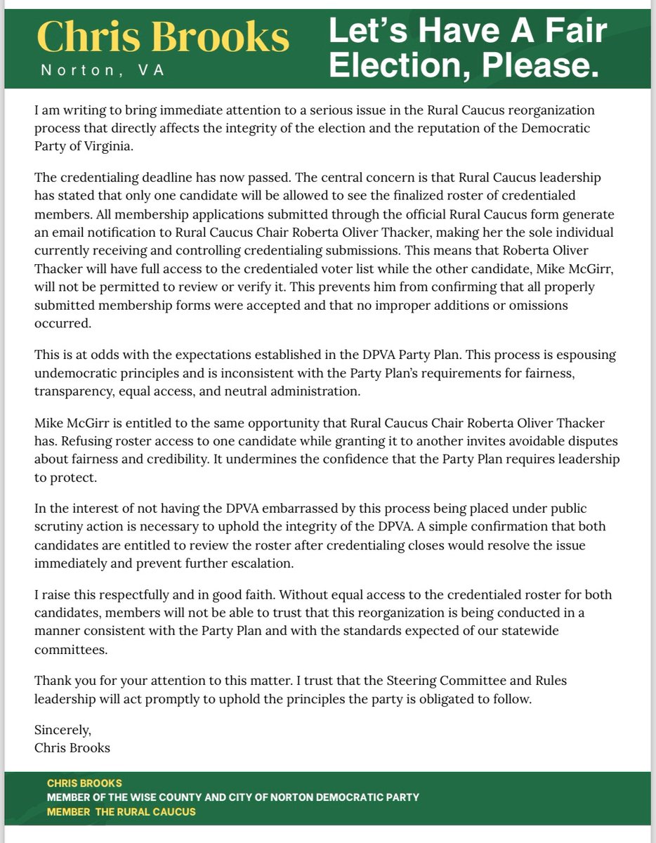 Va. Dems <a href="/vademocrats/">Virginia Democrats</a> have begun ‘reorganization’ in some locality &amp; congressional district committees &amp; issue caucuses.  Access to the ‘eligible voter list’ is currently being debated in the DPVA Rural Caucus contest. A letter⬇️was sent to DPVA leadership requesting fairness.