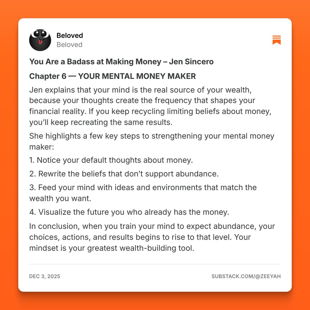 Undercover_Spec's tweet photo. You Are a Badass at Making Money – Jen Sincero
Chapter 6 — YOUR MENTAL MONEY MAKER https://t.co/hqxHbyXad5