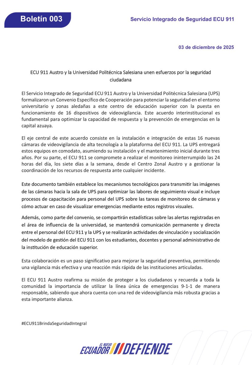 🗞️#Boletín | <a href="/ECU911Austro/">Coordinación Zonal 6 ECU 911 Austro</a> y la Universidad Politécnica Salesiana unen esfuerzos por la seguridad ciudadana. 

#ECU911BrindaSeguridadIntegral