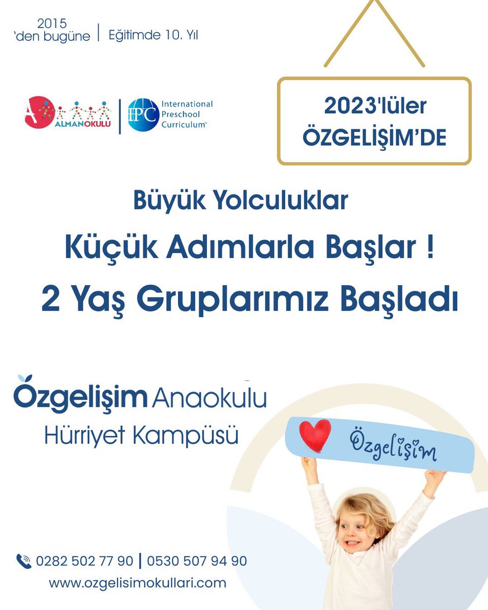 Minik adımların en değerli yolculuğu başlıyor…

2023 doğumlu çocuklarımız için hazırlanan 2 yaş gruplarımız eğitim hayatına merhaba dedi. 

#ÖzgelişimAnaokulu, çocuklarımızın geleceğe güvenle adım attığı ilk durak olmaya devam ediyor.

Kayıt için👇
ozgelisimokullari.com/kayit/