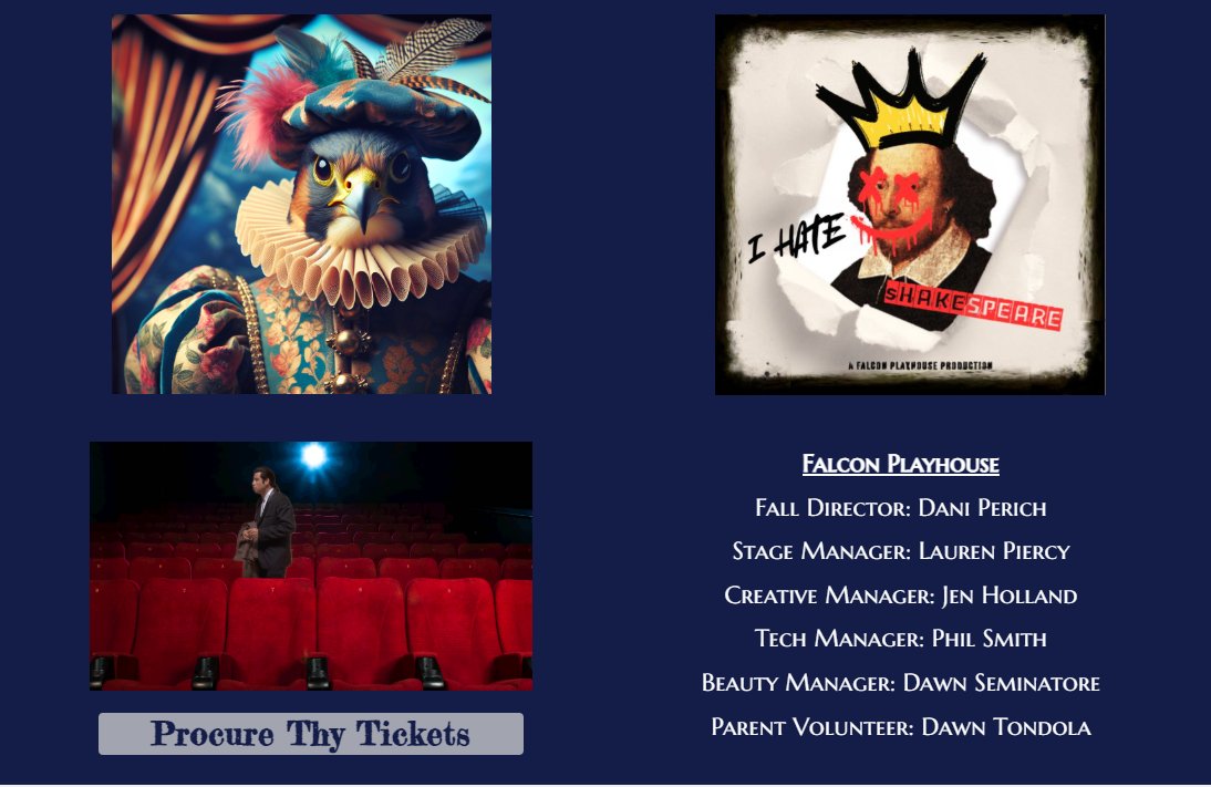 FalconMerritt's tweet image. "To be... or not to be? That is the question.
Actually, the real question is: Have you bought your tickets for the fall play yet!? Get your tickets for the Falcon Playhouse production of  'I Hate Shakespeare!'  this Friday and Saturday! 

falconplayhouse.ludus.com