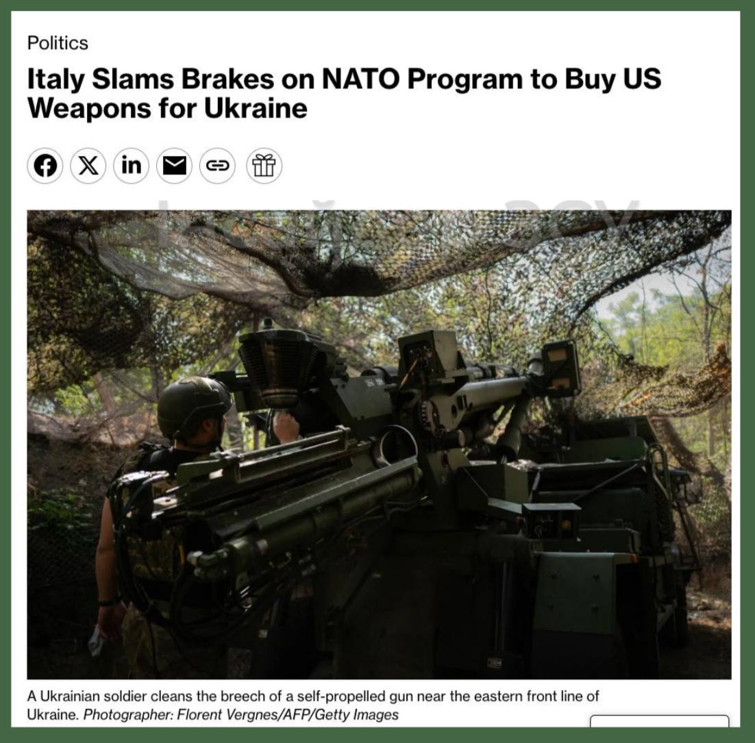 nexta_tv's tweet image. Italy makes an unexpected move: it is withdrawing its military support for Ukraine

Italy is leaving the PURL program, through which NATO countries jointly purchase American weapons for Kyiv’s needs.

Foreign Minister Antonio Tajani said that negotiations on a possible peace deal…