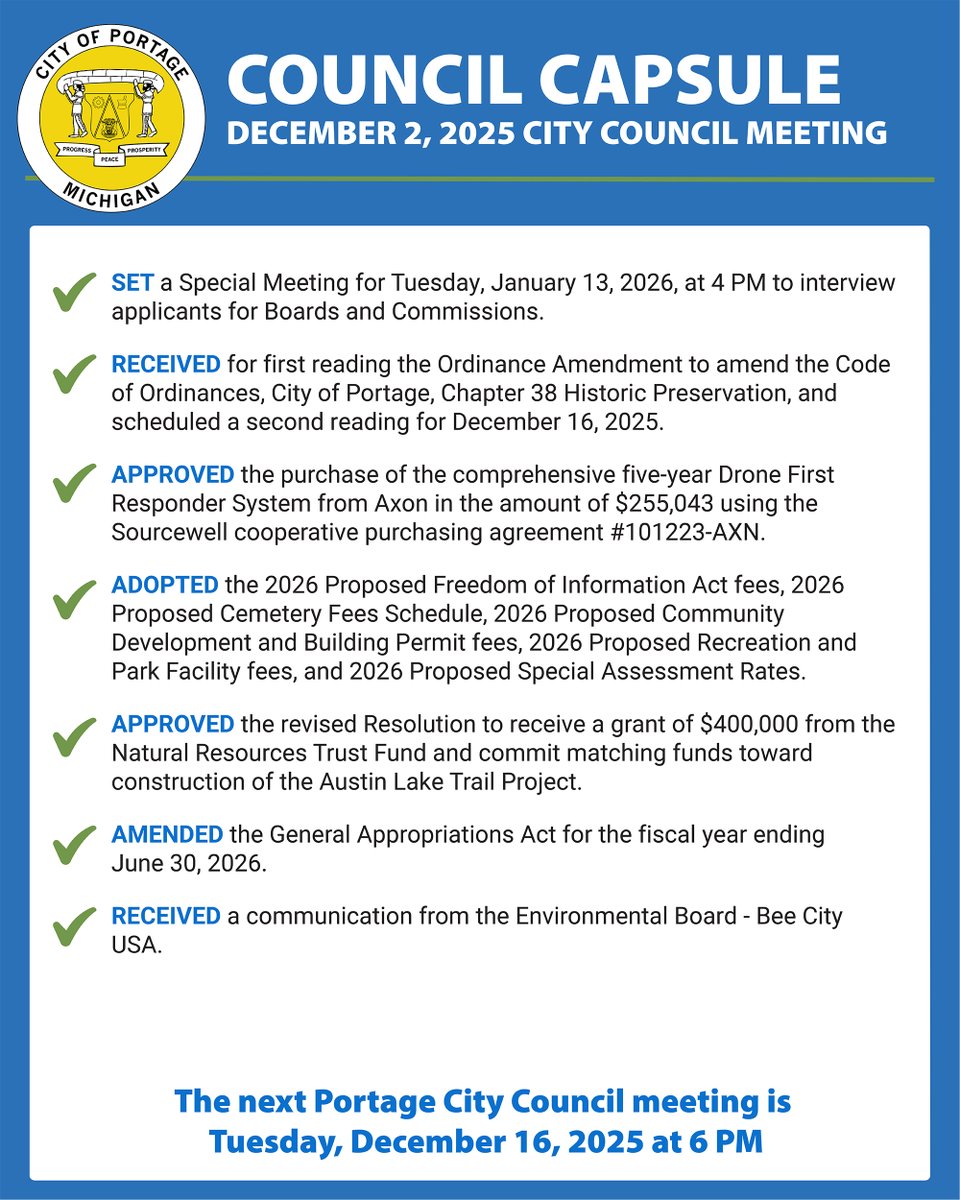 ❓Did you miss the December 2 Portage City Council meeting? Here are the actions that were taken. 📺 View the complete meeting recording at portagemi.portal.civicclerk.com/event/2245/med…. 

Want to receive the Council Capsule via email or text? Visit portagemi.gov/list.aspx to sign up!