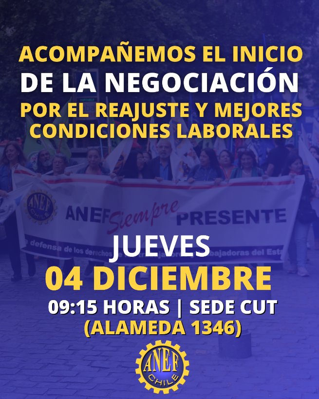 📢Este jueves 04 de diciembre, inicia la negociación por el reajuste salarial y mejores condiciones laborales, entre las organizaciones de la Mesa del Sector Público y el Gobierno.
📌Nos reunimos a las 9:15 horas, en la sede de la CUT, para acompañar a nuestros/as representantes.