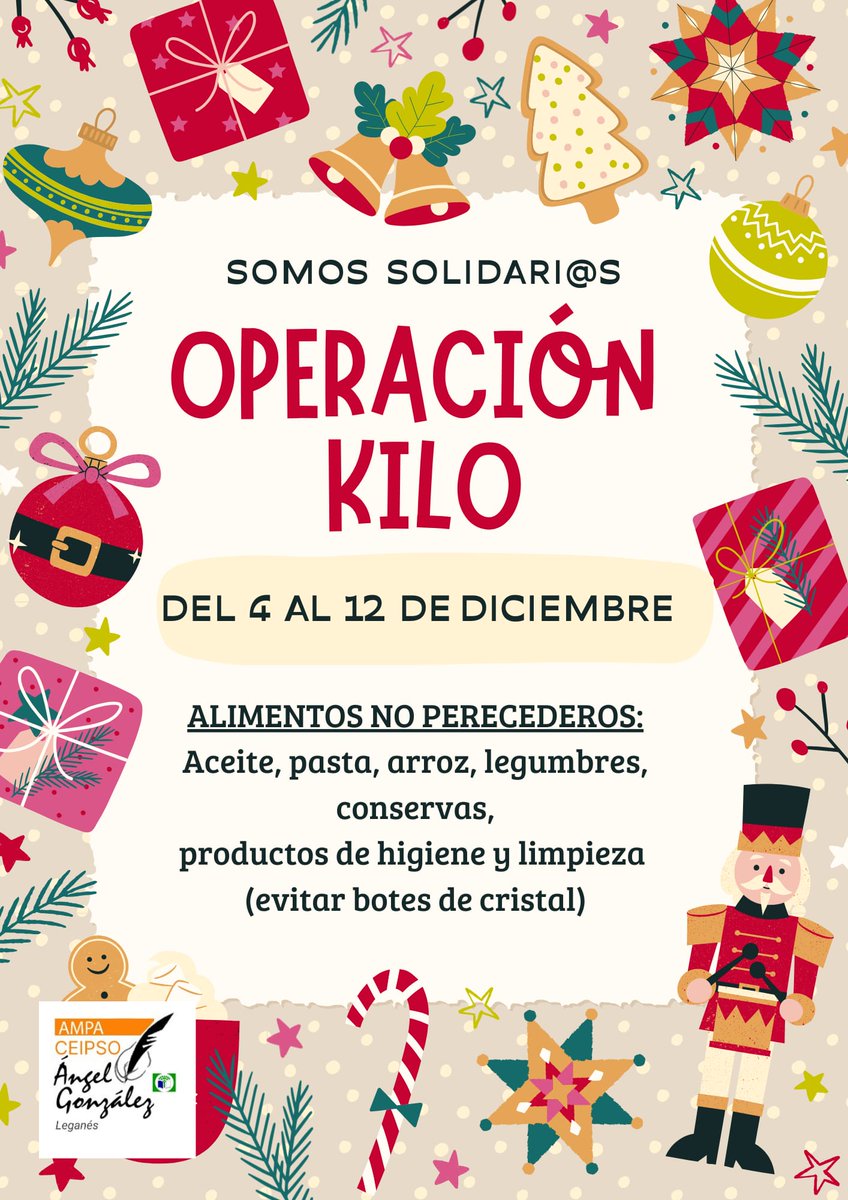 Diciembre ya está aquí y con él nuestra "OPERACIÓN KILO"
Para colaborar podéis dejar vuestra aportación en las entradas de los edificios de infantil y primaria y en el comedor.

Lo recaudado irá destinado a la parroquia del barrio "Verbo Divino"

#AMPAangelgonzalez