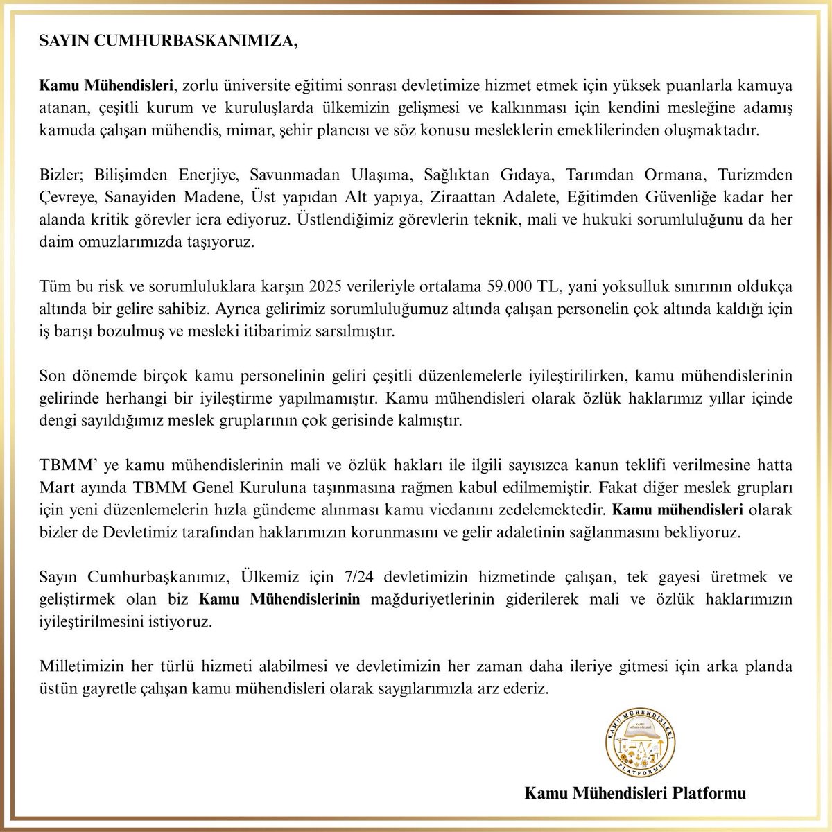 5 Aralık Dünya Mühendisler Gününde Kamu Mühendislerinin yaşadığı mağduriyetin çözülmesi yönünde özlük ve mali haklarının iyileştirilmesi ve Mühendislik Meslek Kanunu için gelin müjdeli bir haber verin...

<a href="/RTErdogan/">Recep Tayyip Erdoğan</a>
<a href="/Akparti/">AK Parti</a>
<a href="/tcbestepe/">T.C. Cumhurbaşkanlığı</a>
<a href="/cbsbb/">T.C. Cumhurbaşkanlığı Strateji ve Bütçe Başkanlığı</a>
<a href="/memetsimsek/">Mehmet Simsek</a>
<a href="/avabdullahguler/">Abdullah Güler</a>