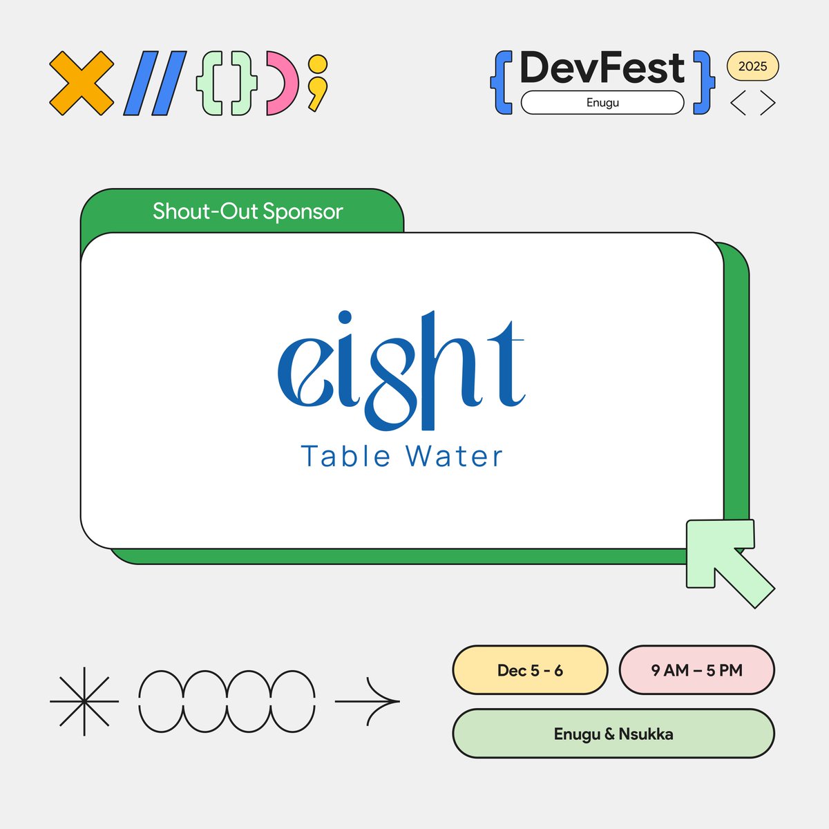 GdgEnugu's tweet photo. We are excited to announce Eight Water as our Shout Out sponsor for Devfest Enugu.
Eight Water is dedicated to providing the purest, most responsibly sourced water.
Thank you for your support.
#DevFestEnugu #AIandBeyond https://t.co/7snYeXLNx4