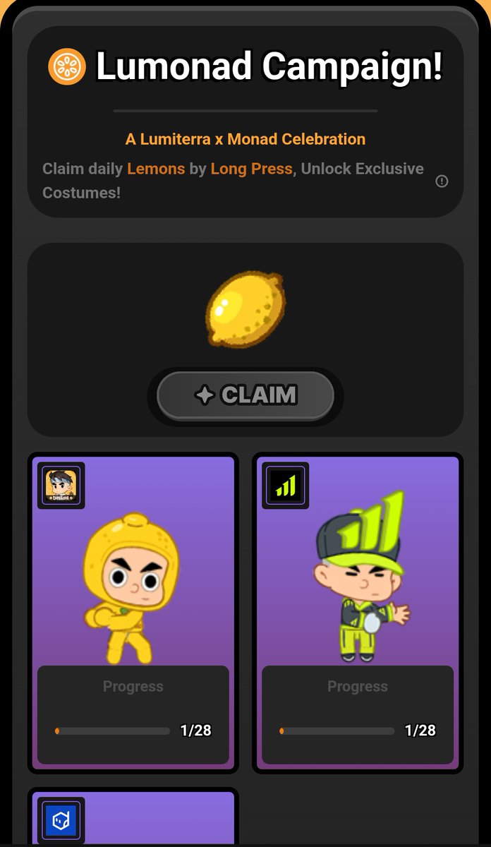 Day 113 preaching <a href="/LumiterraGame/">Lumiterra (mainnet arc)</a>

Lumonad Campaign is now live on Monad Mainnet

Just claimed my daily lemons

You can claim lemons daily and share the in-game $LVMON rewards 

You can Join up and unlock the exclusive <a href="/LeverUp_xyz/">LeverUp (mainnet arc)</a> skin