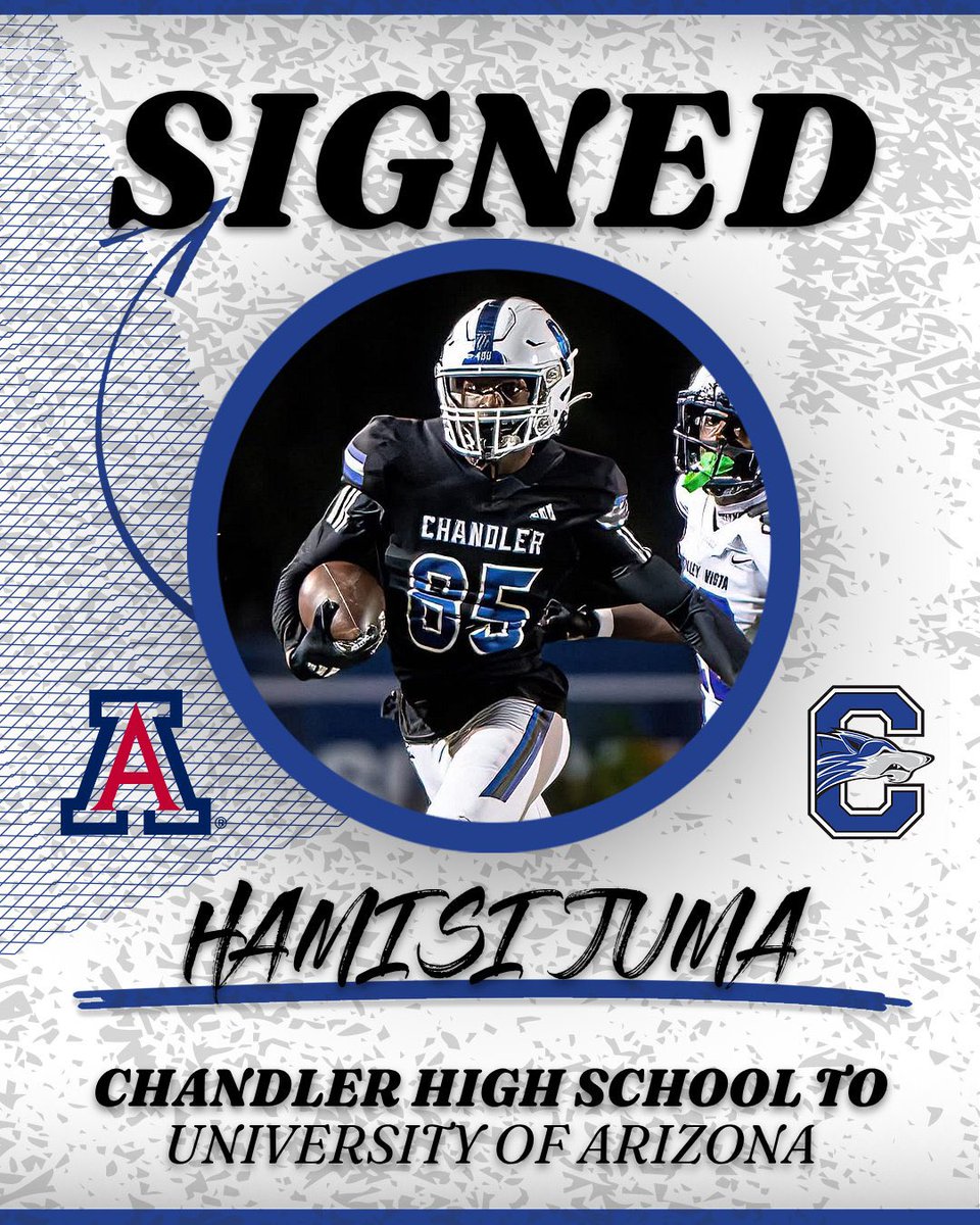 chandler_wolves's tweet photo. National Signing Day 🐺

Proud of Hamisi Juma @13Imtoofast for signing with the @ArizonaFBall ! 🐻⬇️
His dedication at Chandler has led him to this point. Now he joins the Wildcat family!

Congrats, Hamisi! @Coach_Wiz3 @SOC_CHSWOLVES @CUSDAthletics @ctownrivals https://t.co/XzPVyvg0Pd