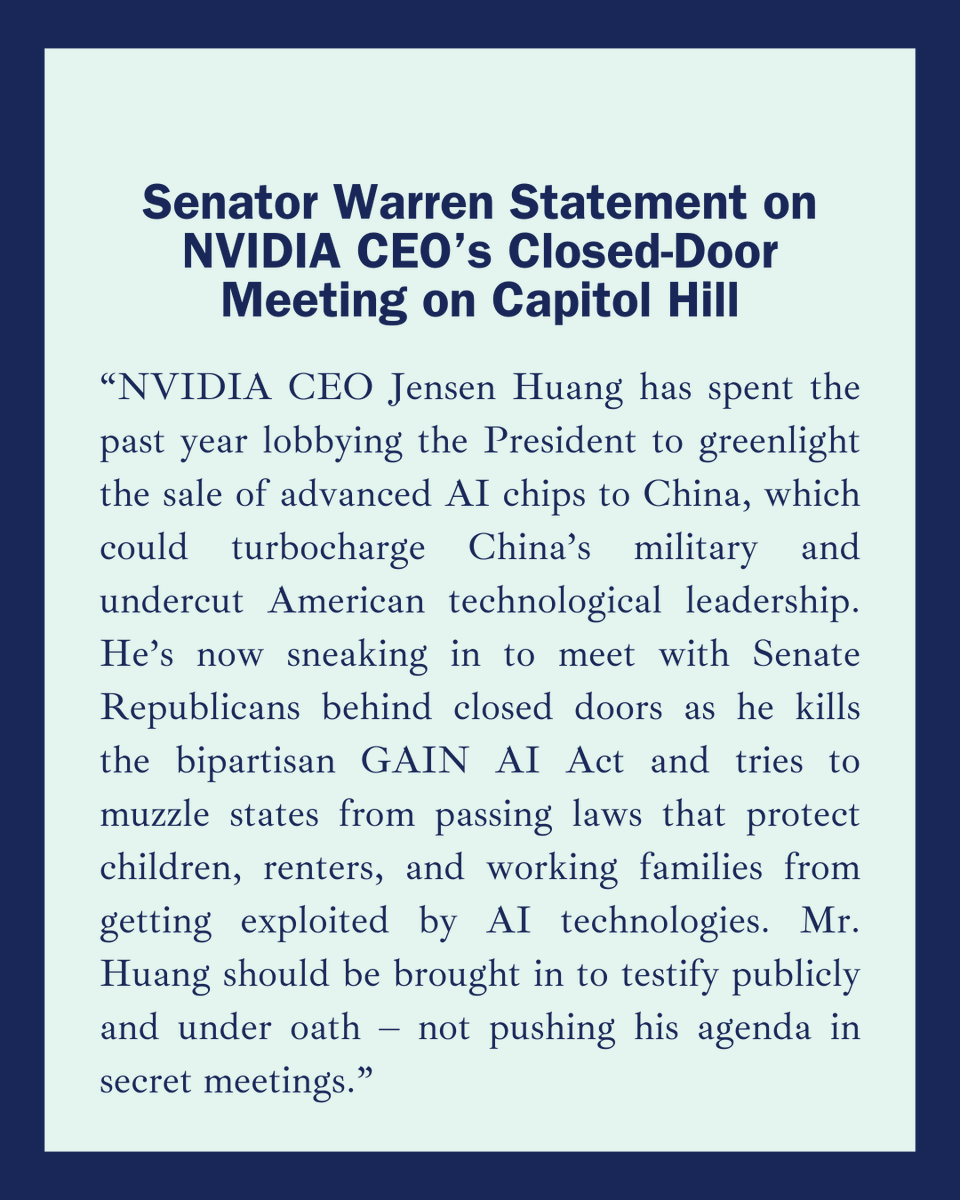 教皇ページ Ranking Member Warren's statement on NVIDIA CEO Jensen Huang's