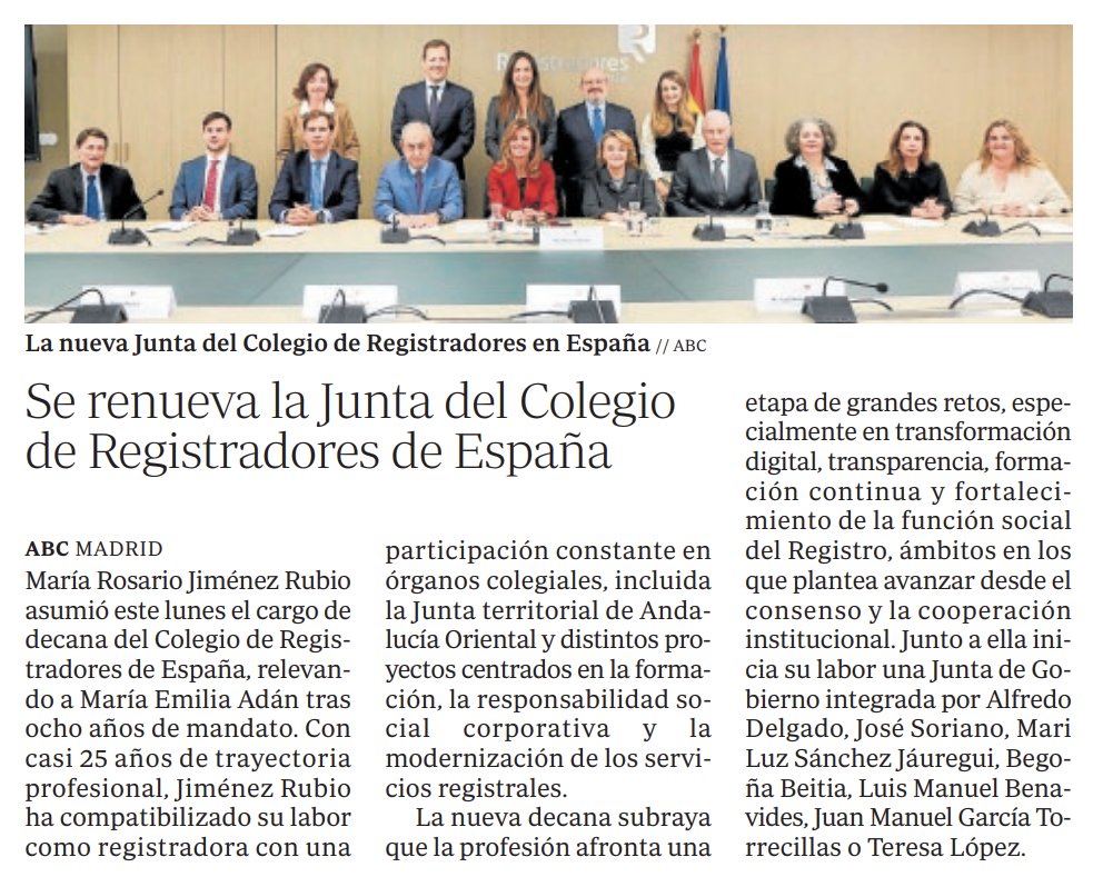 "Se renueva la Junta del Colegio de Registradores de España", vía <a href="/abc_es/">ABC.es</a>