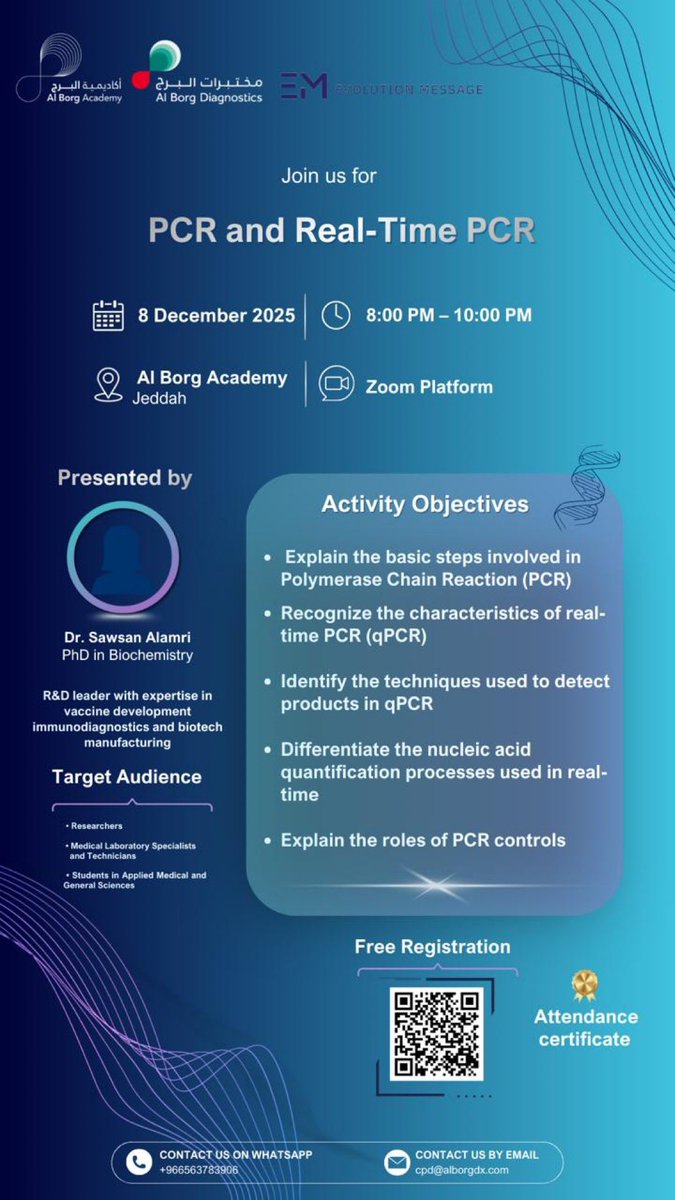دورة مجانية مميزة ✨✨✨
بشهادة حضور من مركز رسالة التطور <a href="/Evo_message/">EvolutionMessage</a>  بالتعاون مع اكاديمية البرج

عن تقنية الـ PCR والـ Real-Time PCR

 للتعرف خلالها عن الـ PCR من الأساسيات وحتى التحليل، بما في ذلك سير العمل والخطوات وقياس الأحماض النووية وضبط الجودة.

📅 يوم الاثنين 8 ديسمبر
