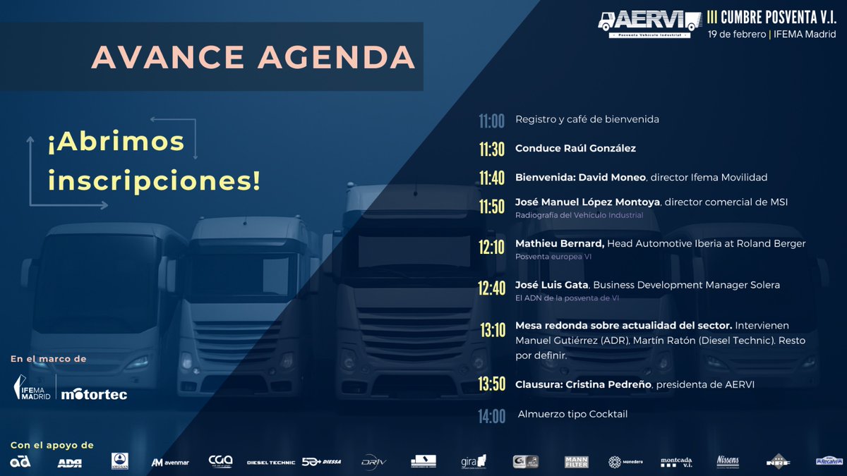 🤗⚙️🚛🚍¡Abrimos inscripciones a la III Cumbre de Vehículo Industrial de AERVI!

🗓️Fecha: 19 de febrero de 2026
🧭Lugar: Sala Retiro (IFEMA Madrid)
 
📰👉Más información, agenda provisional e inscripciones, en la web de AERVI: aervi.es/abiertas-las-i…