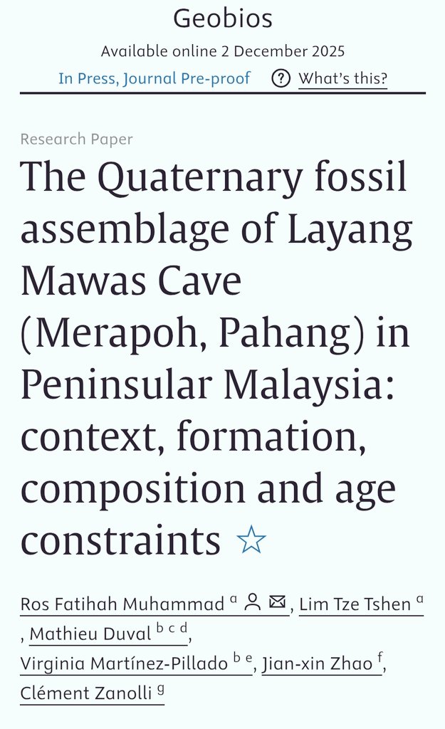 New paper alert -- the first site in Pahang with orangutan fossils.

Link: doi.org/10.1016/j.geob…