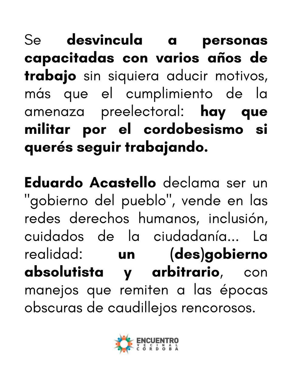 El partido cordobés en estado puro.
Lo anunciaron antes de las elecciones, lo cumplieron al perder.
Si no militas para el oficialismo,  no importa cuán bueno, comprometido y necesario sea tu trabajo. Sos prescindible porque lo único que importa es mantener el poder.