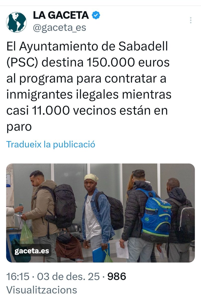 L'Ajuntament de Sabadell destina 150.000€ per contractar a immigrants il.legals per mitjà del programa ACOL de la Generalitat. 
En lloc de combatre la immigració il.legal, a Catalunya fem programes específics per regularitzar massivament els il.legals.