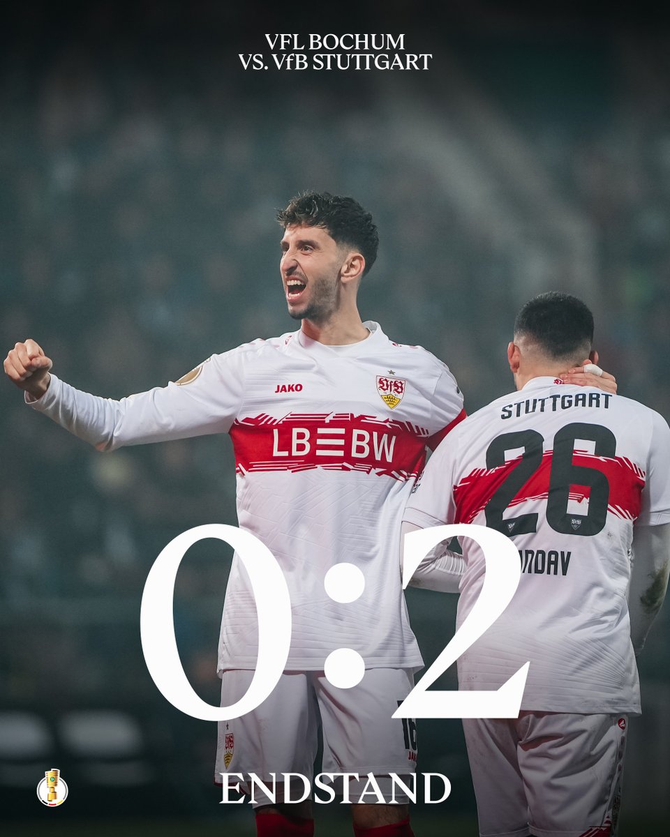 DFB-Pokal-Viertelfinale wir kommen!
Wir gewinnen beim VfL Bochum mit 2:0 und fahren den 9. DFB-Pokal-Sieg in Folge ein.
Solider Auftritt, Männer! Let's gooooooooo!

#VfB | #VfB1893 | #DFBPokal | #BOCVfB 0:2 (90.)