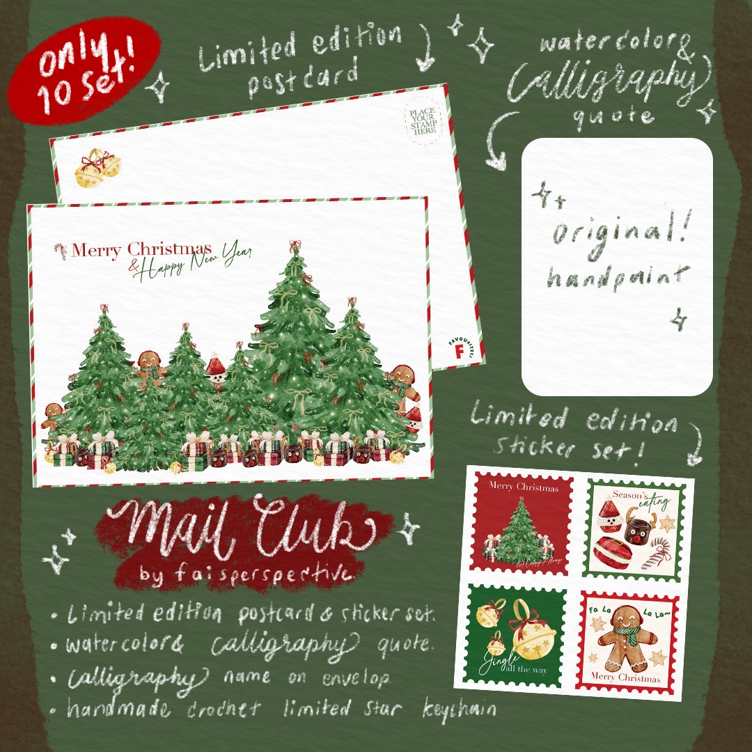 ใครที่ชอบแกะจดหมายเรามี X'mas25Letter มาเสนอค่ะ สิ่งที่จะได้คือ
- Postcard/Sticker/การ์ดขนาดเล็กสำหรับเขียนได้
- Quote calligraphy เขียนใหม่ทุกใบไม่ซ้ำกัน
- Calligraphy name บนซองแต่ละคน
- handmade crochet พวงกุญแจรูปดาวสีแดง
ทั้งหมดนี้ไม่ทำซ้ำกับที่วางขายนะคะ หมดนี่ 200.- ส่งฟรี