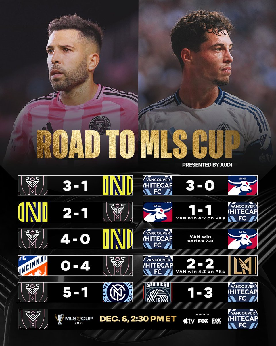 MLS's tweet image. It&apos;s @InterMiamiCF vs. @WhitecapsFC in MLS Cup pres. by Audi. 🏆

How we got here: