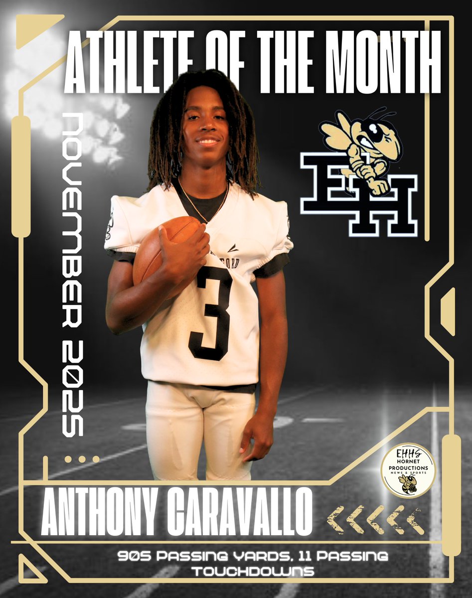 EHHS_Athletics's tweet photo. Congratulations to our November Athlete of the Month Anthony Caravallo. As a Junior and the starting Quarterback on the Varsity Football team, he had 905 passing yards and 11 passing touchdowns this season. https://t.co/N3fXcnAl3i