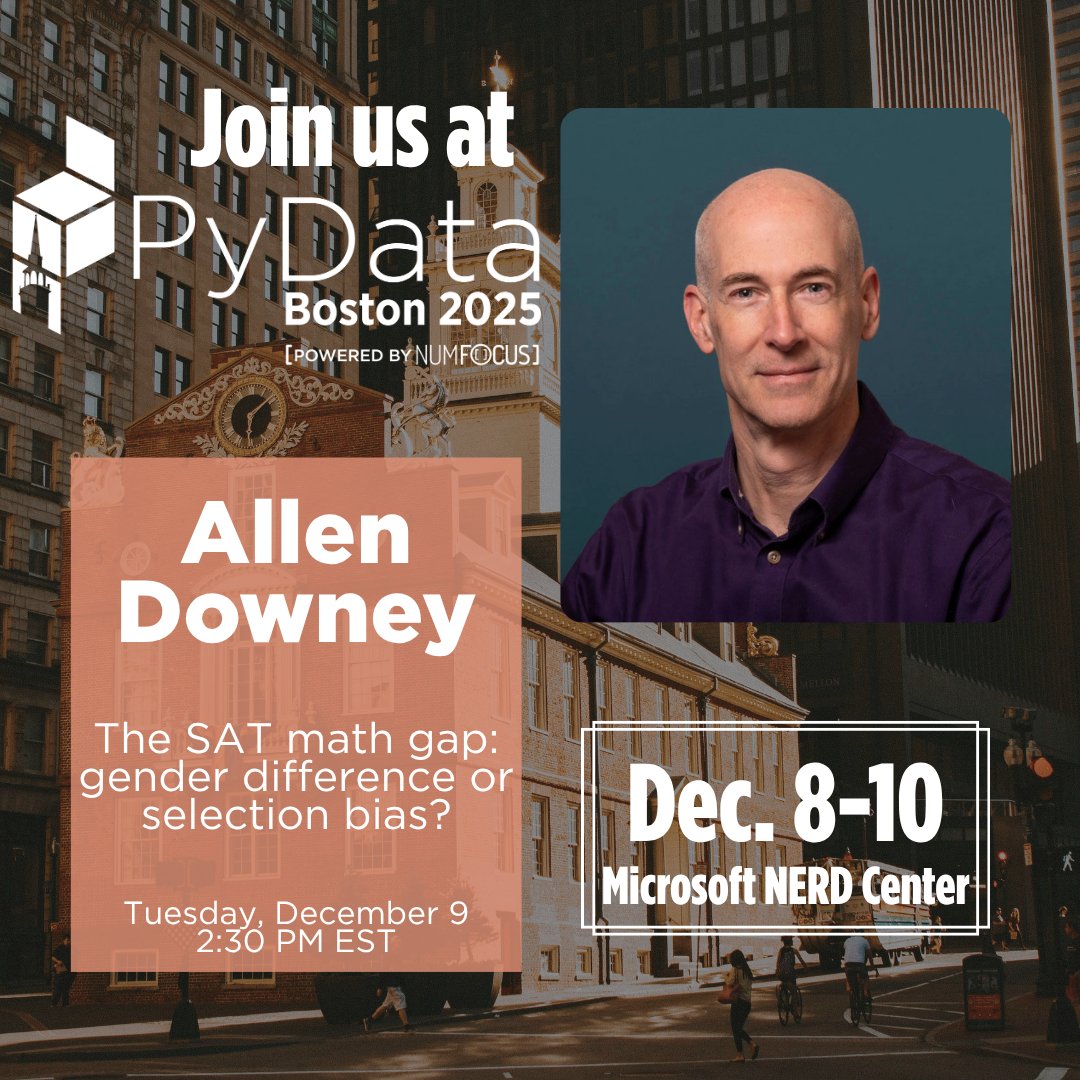 PyData's tweet image. Why do male test takers consistently score about 30 points higher than female test takers on the mathematics section of the SAT? Does this reflect an actual difference in math ability, or is it an artifact of selection bias? Join Allen Downey in using the SAT math gap as a case…