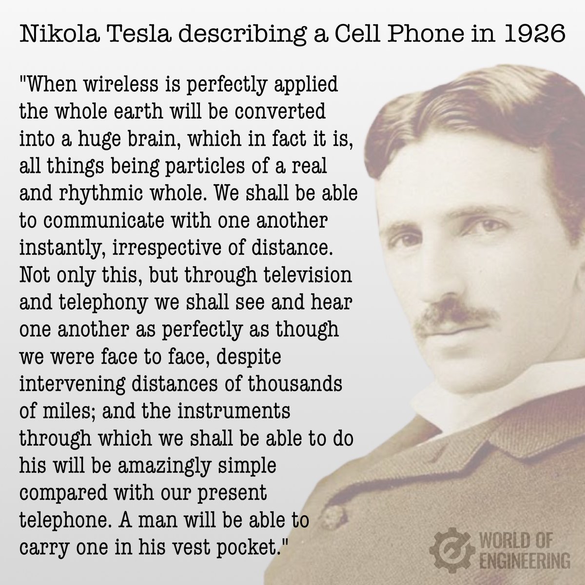 engineers_feed's tweet image. Nikola Tesla describing a cellphone in 1926.