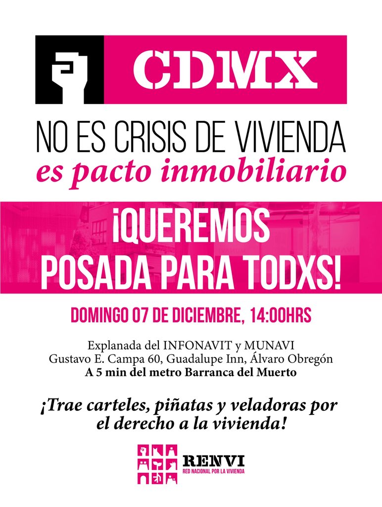 La Red Nacional por la Vivienda te invita a sumarte a una acción simbólica: ven a cantar contra-villancicos, romper piñatas y a conocer lo que haremos desde la RENVI por el derecho a la vivienda.

14 hrs afuera del INFONAVIT y MUNAVI (a 5 min del metro Barranca del Muerto)