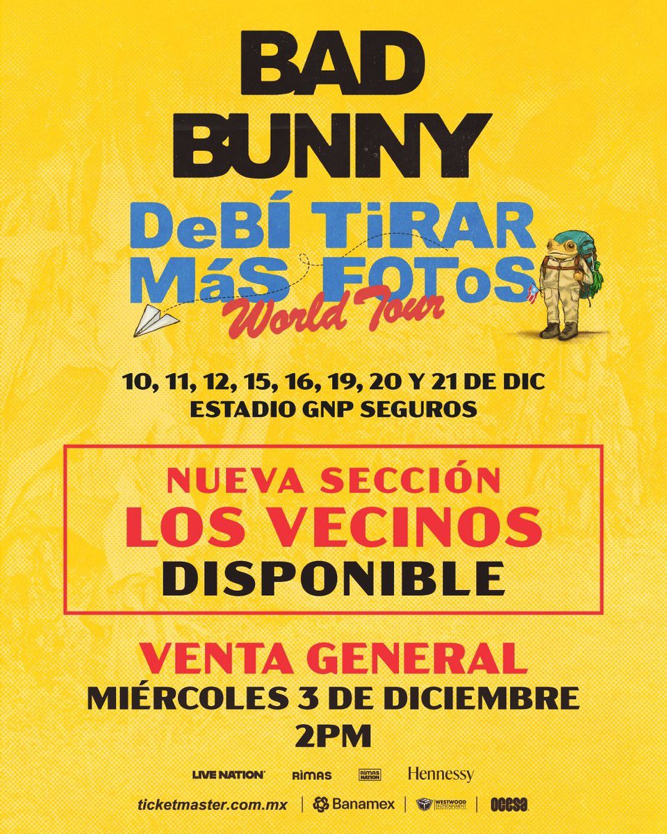 mx_tickets's tweet image. ⭐⭐Bad Bunny Los Vecinos!⭐⭐

🎟️Venta General HOY 2 PM!!
(Ya pueden entrar y dar refresh desde la 1:30 o 1:45)
🔗LINK: sovrn.co/urdcpx1

#boletos #badbunny #DTmFWorldTour #cdmx #estadiognp #ticketmaster #ticketsmx