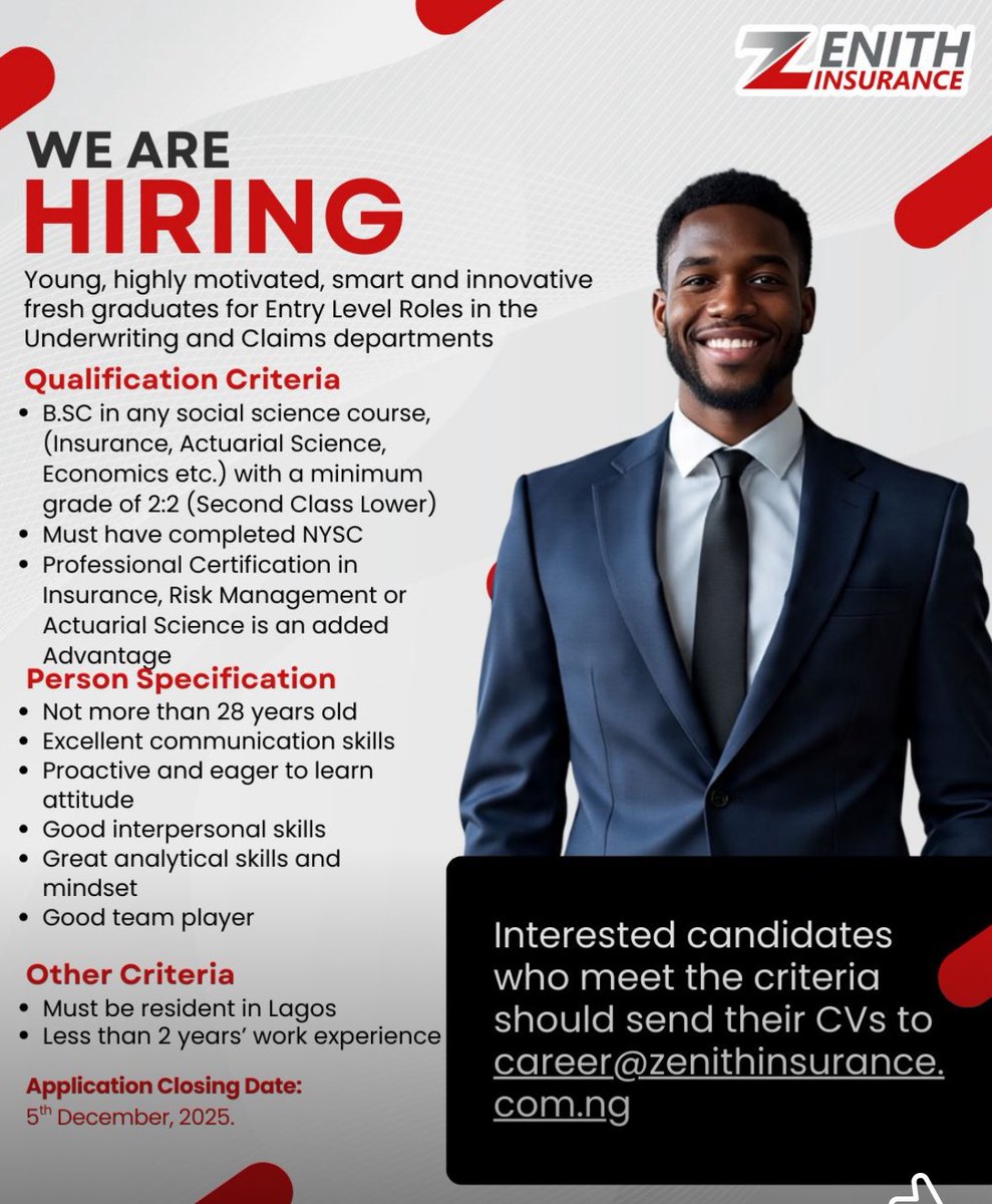 Zenith Insurance is hiring fresh graduates for entry level roles in the underwriting and claims departments.

Check the banner for more details