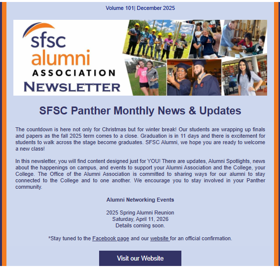 SFSCAlumni's tweet image. Alumni Newsletter
Volume 101 | December 2025

Every month our SFSC Alumni sends our Monthly Newsletter via email. If you wish to be added to the email list, please contact Anastasia at alumni@southflorida.edu or call her at 863-453-3133.

conta.cc/49Bzyr9