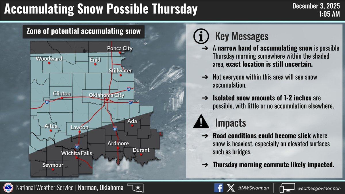 NWSNorman's tweet photo. The forecast for tomorrow continues to evolve, with more snow/sleet and less freezing drizzle expected. Some areas could see up to 1-2" of snow, but most will see less than that. Timing tomorrow morning could lead to a slick morning commute. Check back for updates! #okwx #txwx https://t.co/NqBpsZtFTN