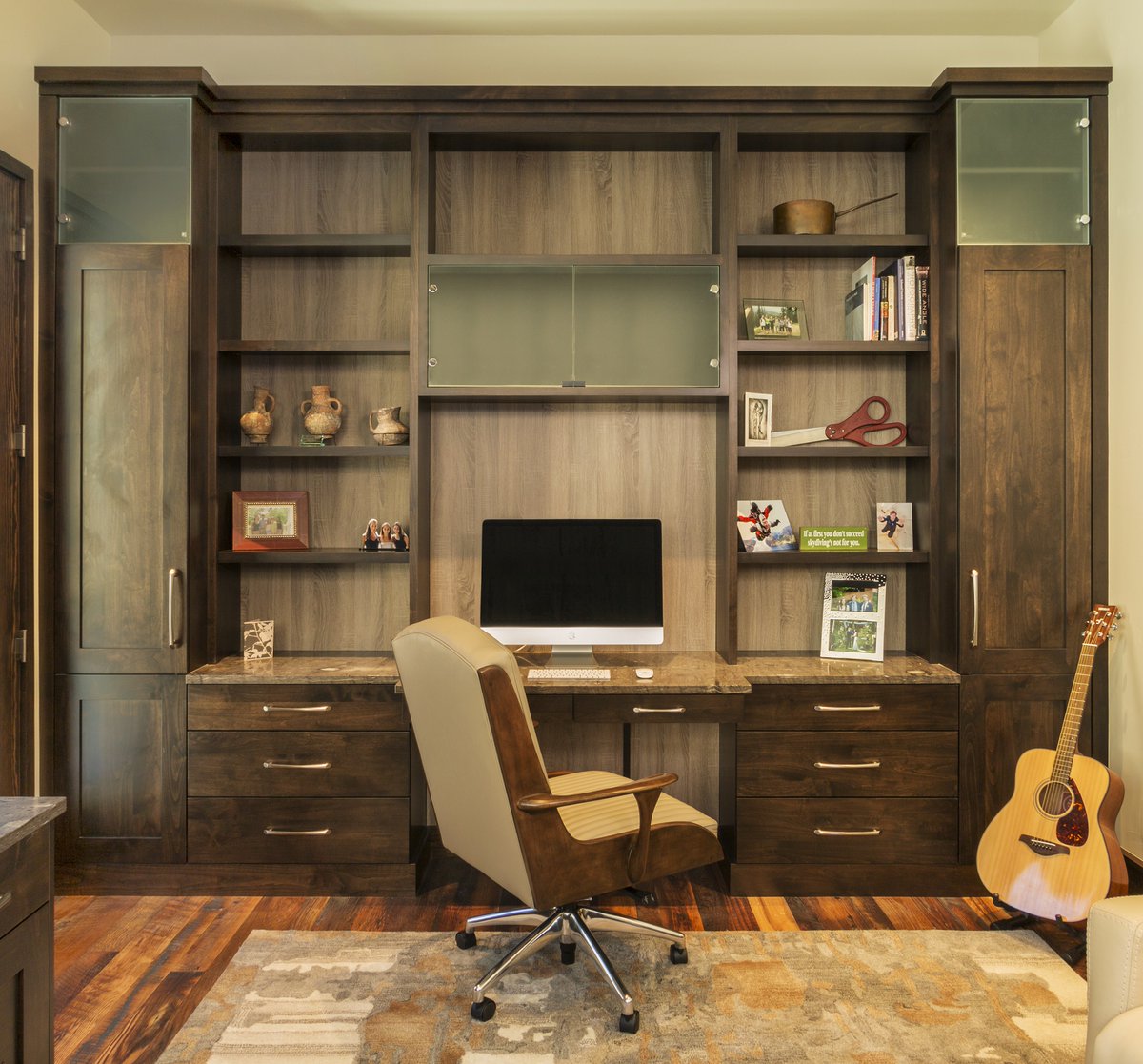 Oh, the weather outside is frightful.❄️ But the alder is so delightful.😍 

In our humble opinion, the stained alder brings a beautiful natural warmth and elegant look to this space.

@crystalcabinets #RealAmericanHardwood #TheAlderAuthority #HomeOfficeStyle