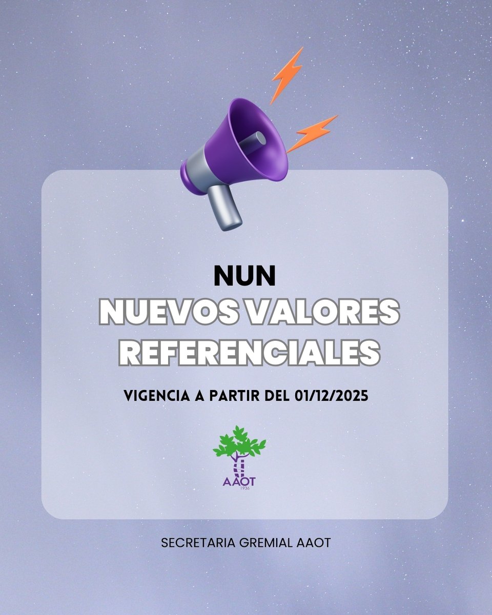 👉🏽 Desde Secretaría gremial informamos que a partir del 1ro de diciembre entran en vigencia nuevos valores referenciales. La actualización es del 6% respecto a septiembre. 

Info: aaot.org.ar/secretaria-gre…

SECRETARÍA GREMIAL AAOT
Contacto: secretariagremial@aaot.org.ar