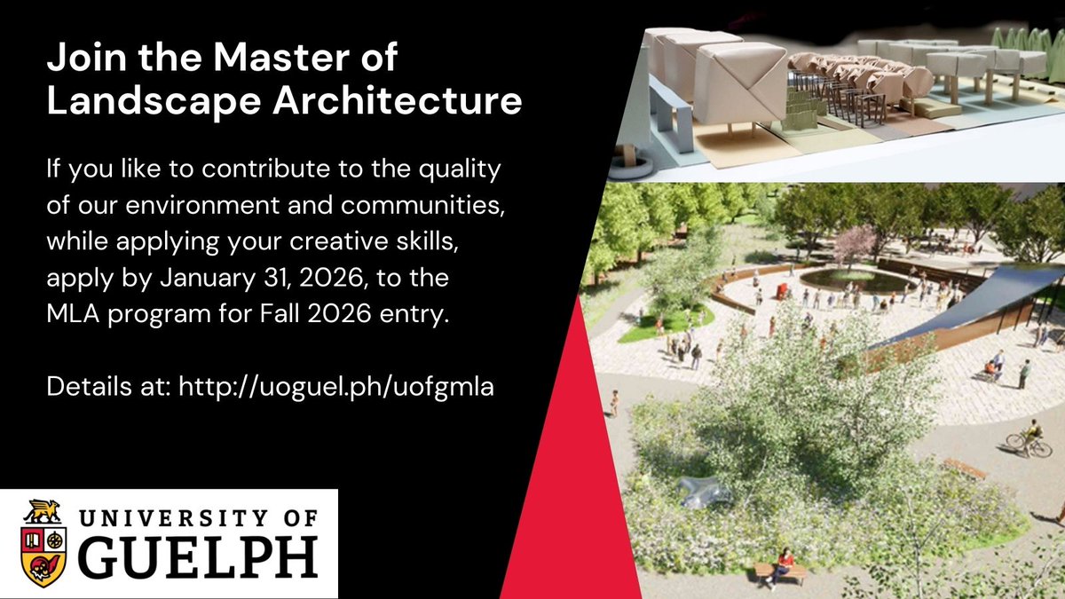 SEDRD's tweet image. Interested in a professional graduate degree? Apply to the MLA program for Fall 2026 entry by January 31.  Details at: uoguel.ph/uofgmla #LandscapeArchitecture @UofGuelphOAC @OALA_ON  @uofgGradStudies