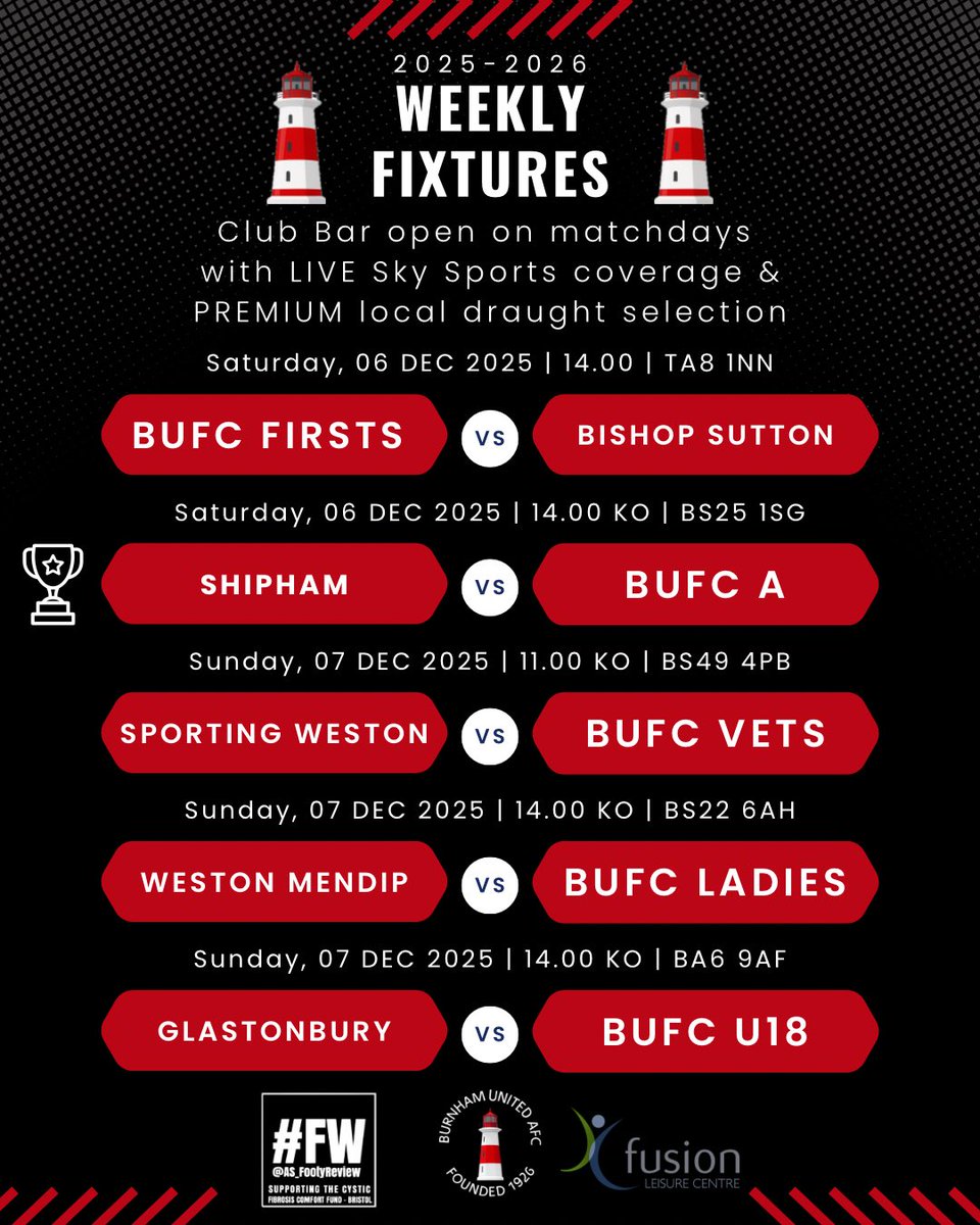 BurnhamUnited's tweet photo. FIXTURES: It’s a road trip weekend coming up, just the one Home match 🔴

1️⃣s Home vs @BishopSuttonAFC
🅰️s travel to the Mendip Hills
👴🏼s take on a fellow unbeaten side
🚺s look to continue their fine form
🔞s go to another iconic hill

#Seasiders | #FW | Fusion Leisure Club https://t.co/mHrPSZuDUu