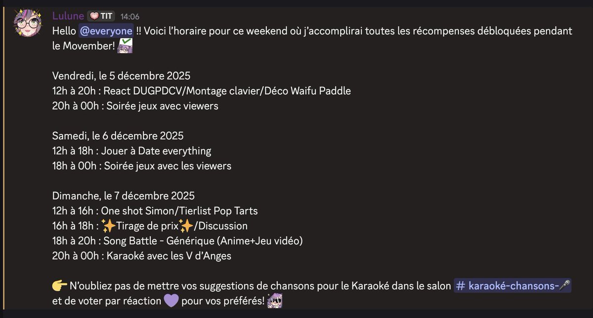 Voici l'horaire pour les 3 streams de 12h ce weekend!✨