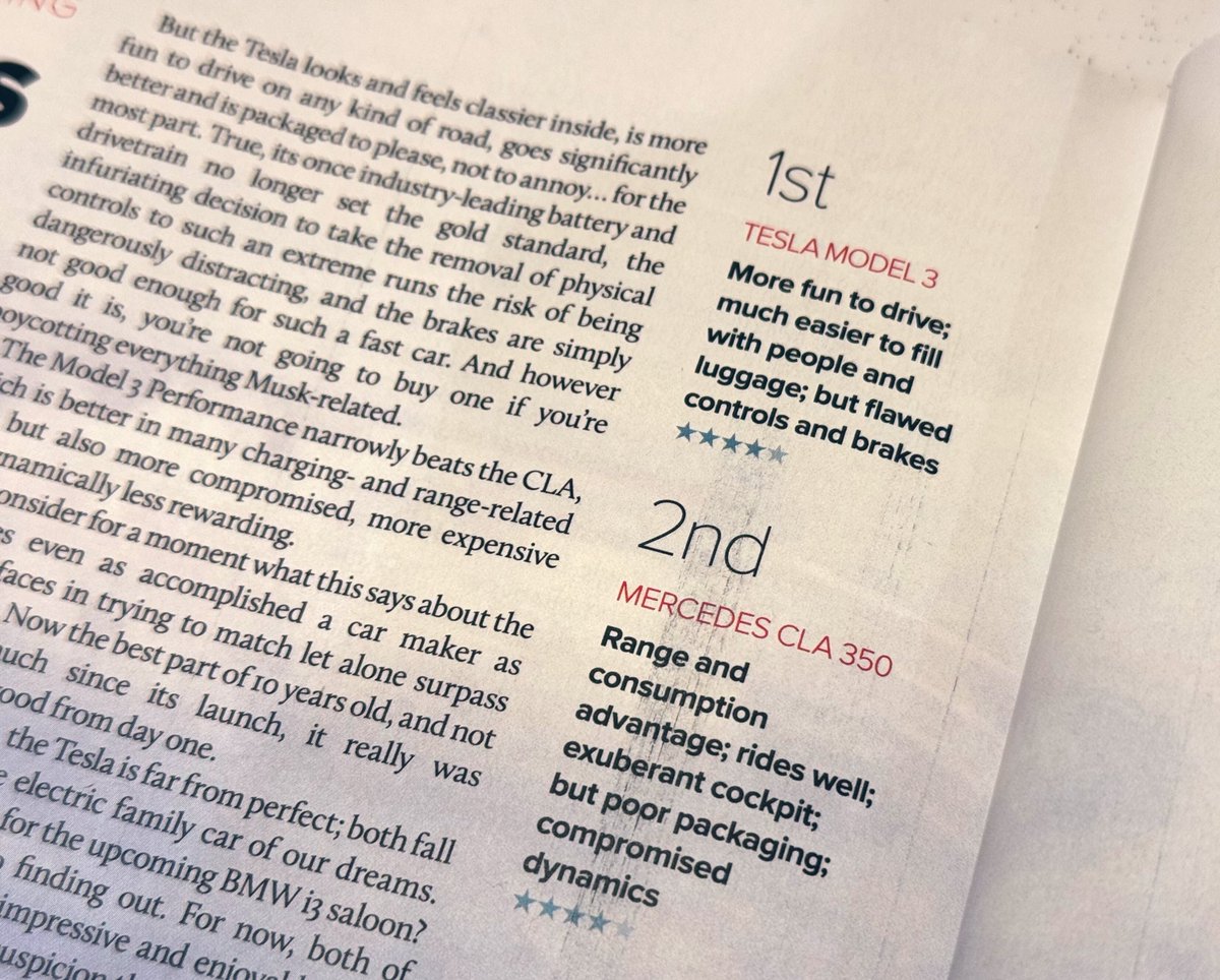 A strong showing for the <a href="/Tesla/">Tesla</a> Model 3 Performance against the brand new Mercedes-Benz CLA in this month’s <a href="/CARmagazine/">CAR magazine</a>. 

<a href="/TeslaOwnersUK/">Tesla Owners UK 🇬🇧</a>