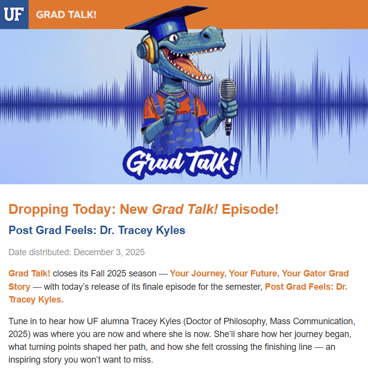 UFCJCGrad's tweet image. Our very own Dr. Tracey Kyles is featured on the latest episode of GradTalk! Listen Here: open.spotify.com/episode/7sAhYb…